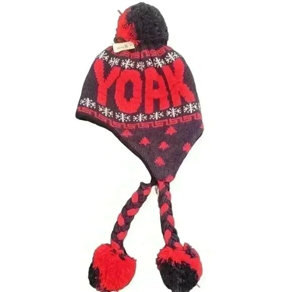 Torkia Men's Navy/Red Acrylic Knit New York Chullo Beanie w Pom-Pom NEW - Picture 1 of 6